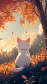 White cat contemplates a glowing autumn sunset in silence.
