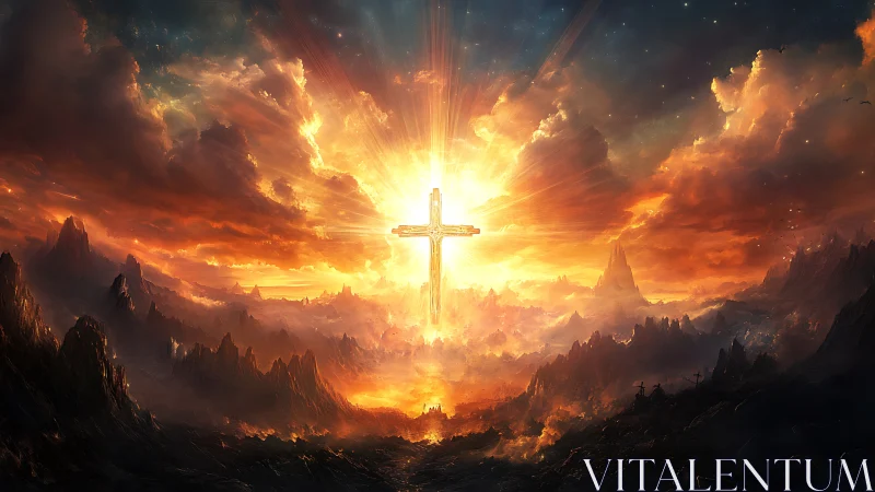 Radiant cross rising over glowing mountains at dawn.