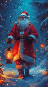 Santa figure walking with lanterns in snowy forest at dusk.