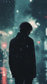 Silhouetted lone figure in rainy neon city street at night.