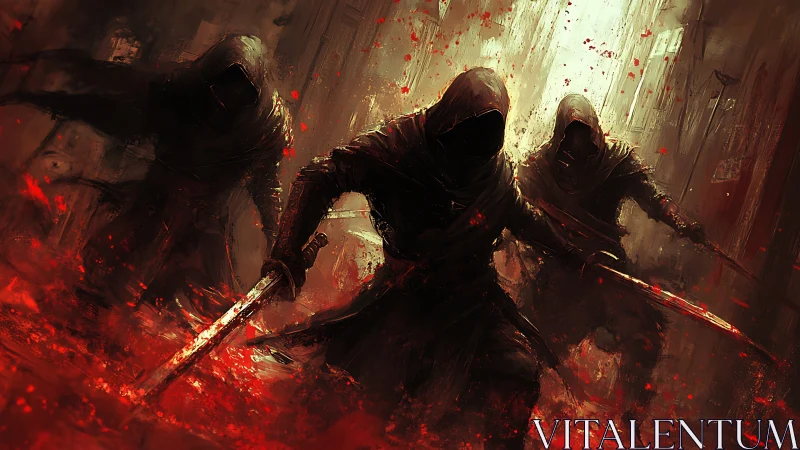 Shadowy warriors surge forward through glowing crimson streets