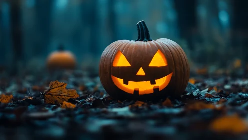Jack-o-lantern glows on forest floor in moody blue haze.