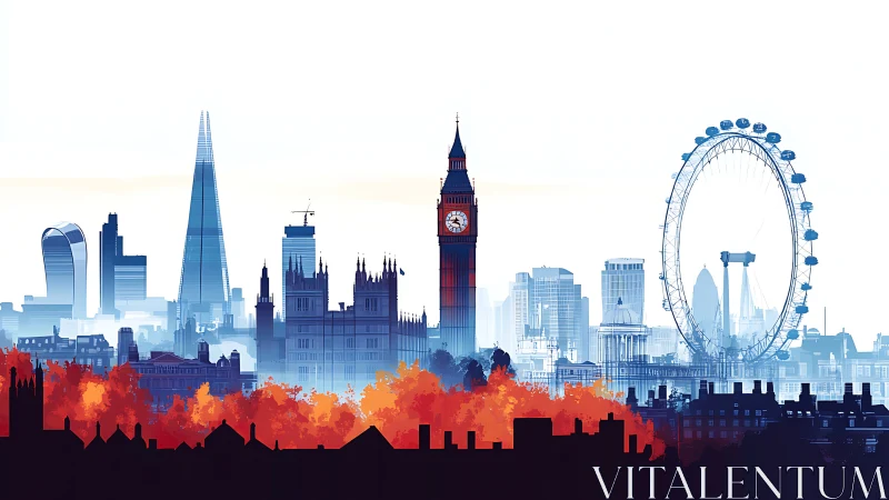 London skyline illustration with landmarks in cool tones.