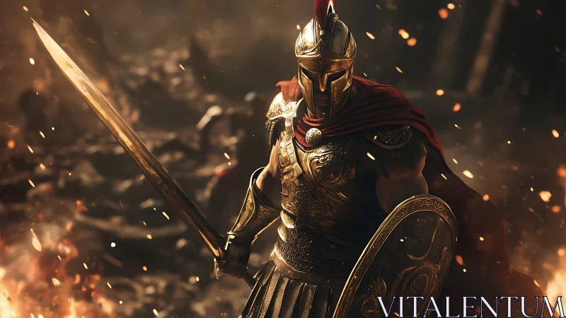 Armored Spartan warrior advances through embers in cinematic lighting