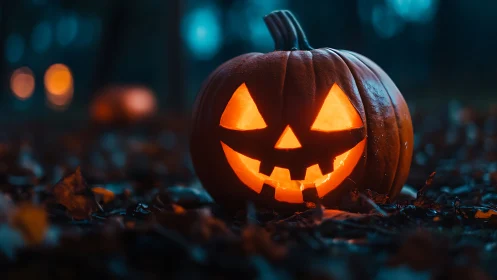Glowing jack-o’-lantern in moody blue woodland twilight.