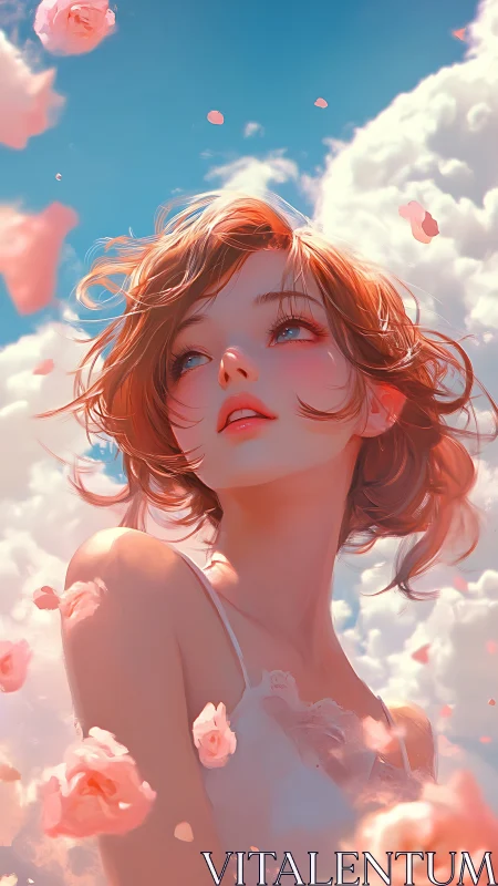 Celestial anime portrait with rose petals, soft clouds, warm light.