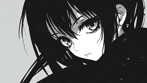 High contrast monochrome anime portrait with dense halftone shading