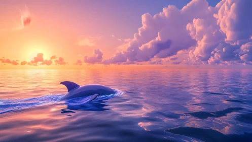Dolphin cutting reflective ocean surface under saturated sunset sky