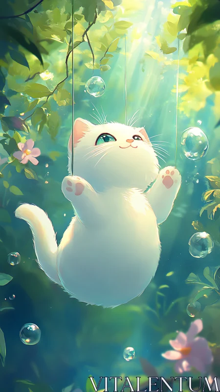 White Cat Suspended Among Floating Soap Bubbles in Luminous Garden