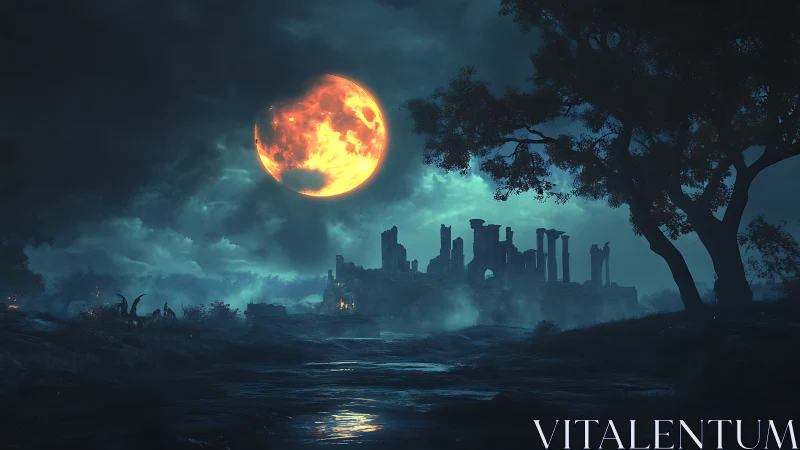 Lava-illuminated blood moon above mist-laden ruin complex.
