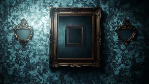 Ornate nested frames on patterned teal wall surface.