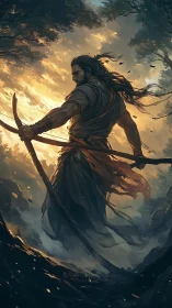 Long haired archer stands poised in a stormy forest at dusk