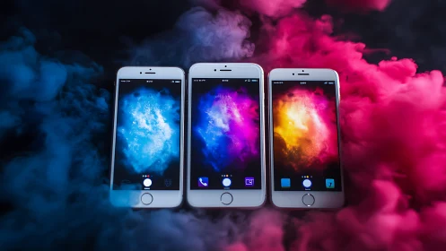 Colorful smartphones glow amid swirling neon smoke clouds