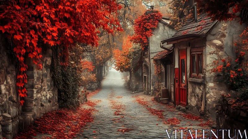 Cobblestone village lane glows beneath rich autumn foliage
