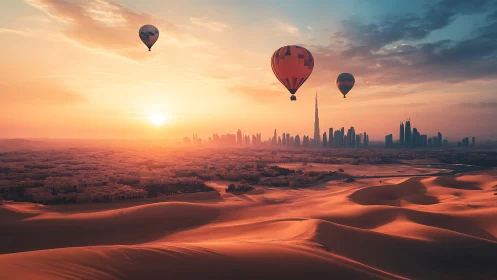 Sunlit hot air balloons drifting above a glowing desert city.