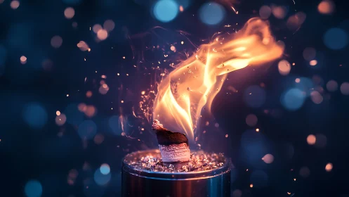 Luminous flame emerging from molten base with particle bokeh