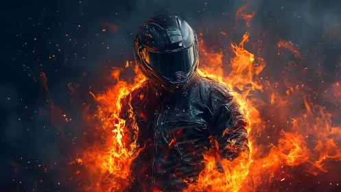 Flame clad rider pauses mid inferno, wrapped in liquid fire