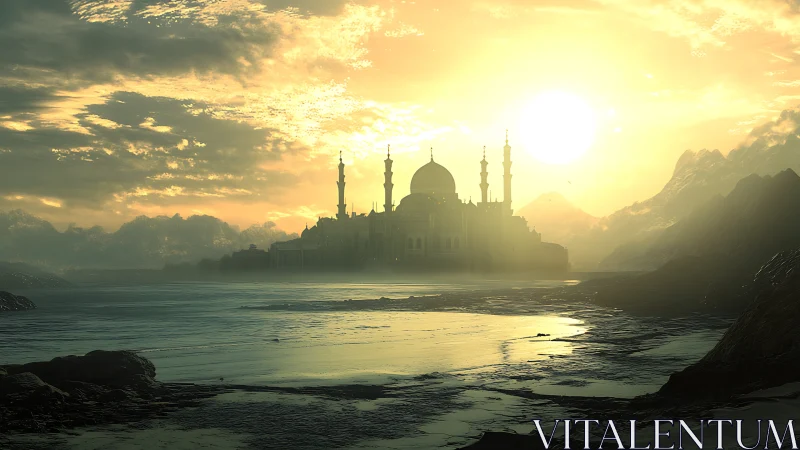 Sunlit domed citadel in atmospheric desert basin panorama.