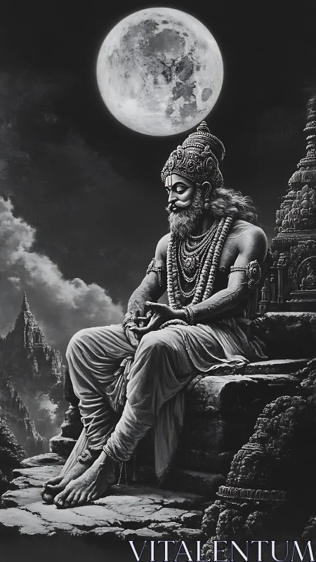 Moonlit seated deity in detailed monochrome temple scene.