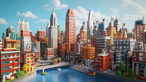 Colorful block city skyline overlooks calm waterfront canal