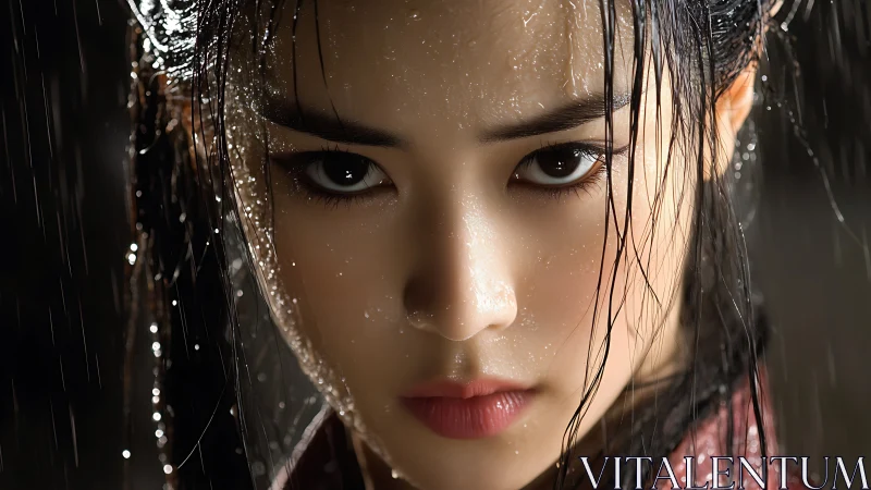 Close wet portrait of woman under rainfall conditions.
