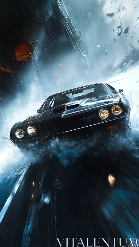 Muscle car storm charge amid cinematic rainstorm impact.