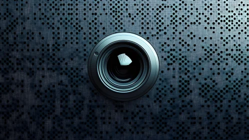 Futuristic Camera Lens on Abstract Perforated Metallic Surface.