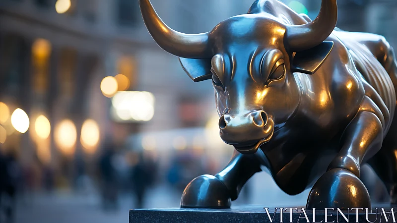 Polished bronze bull statue advances in urban bokeh glow
