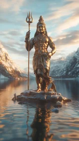 Bronze Shiva statue standing on rocky islet in calm lake.
