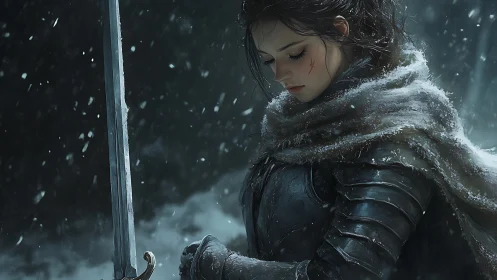 Snowbound warrior maiden bows in quiet, stormlit resolve.