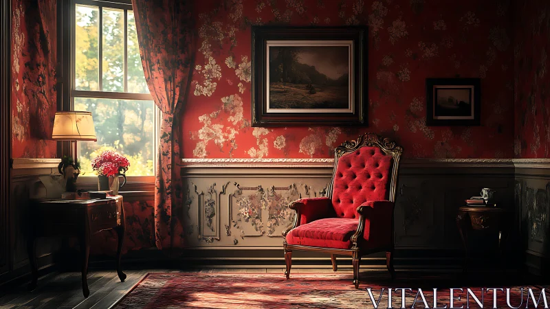 Velvet armchair anchors a sunlit, nostalgic red parlor