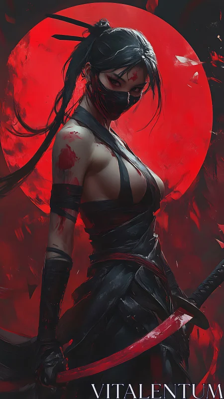 Masked bloodstained kunoichi before crimson moon backdrop.