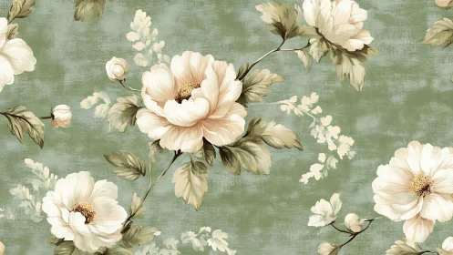 Vintage peony floral pattern on muted green ground.