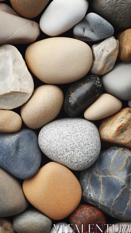 Photorealistic river stones in dense vertical mosaic arrangement.