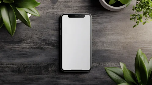 Smartphone with Blank Screen Surrounded by Vibrant Green Plants