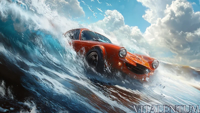 Retro sports car cuts through crashing ocean waves.