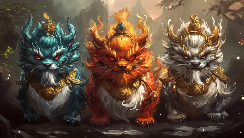 Regal elemental lion guardians sit united in mystical glow