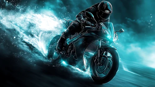 Motorcyclist on sport bike in cyan smoke and motion blur.