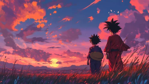 Sunset walk unites two young adventurers in quiet wonder