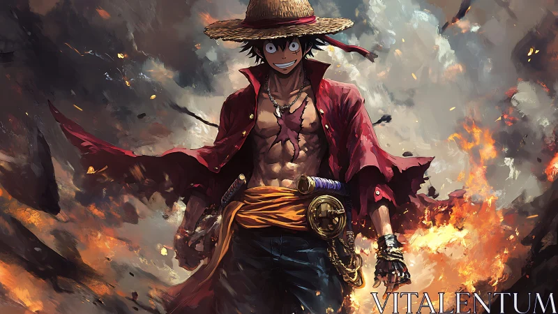 Straw hat pirate walks forward through swirling fire clouds