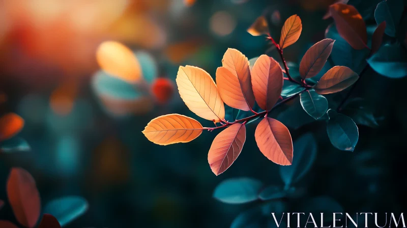 Autumn leaves glow against deep teal bokeh forest background.