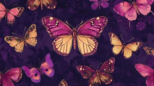 Midnight orchard of magenta butterflies in quiet orbit.