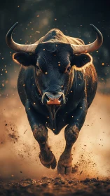Charging bull storms through dust in dramatic warm light