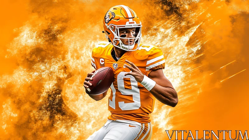 Dynamic football quarterback bursts through fiery orange backdrop.