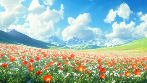 Vast poppy meadow under bright sky and distant mountains.
