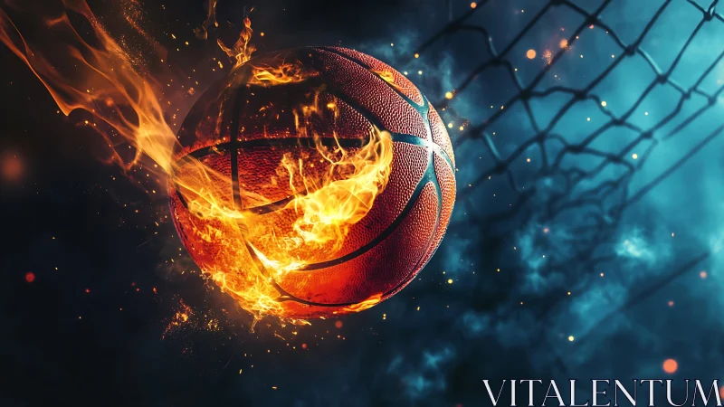 Fiery basketball soaring toward the hoop in electric glow.