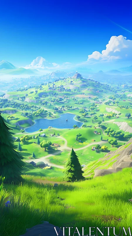 Stylized low-poly valley landscape with lake and distant hills