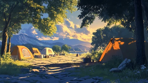 Golden lakeside campsite glowing in gentle evening light.