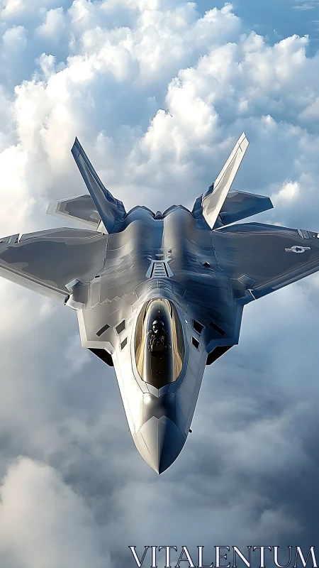 Stealth jet knifes through sculpted cloud kingdoms at altitude.