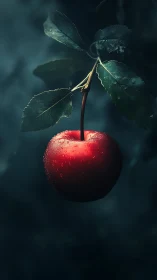 Midnight orchard sings through one luminous crimson apple